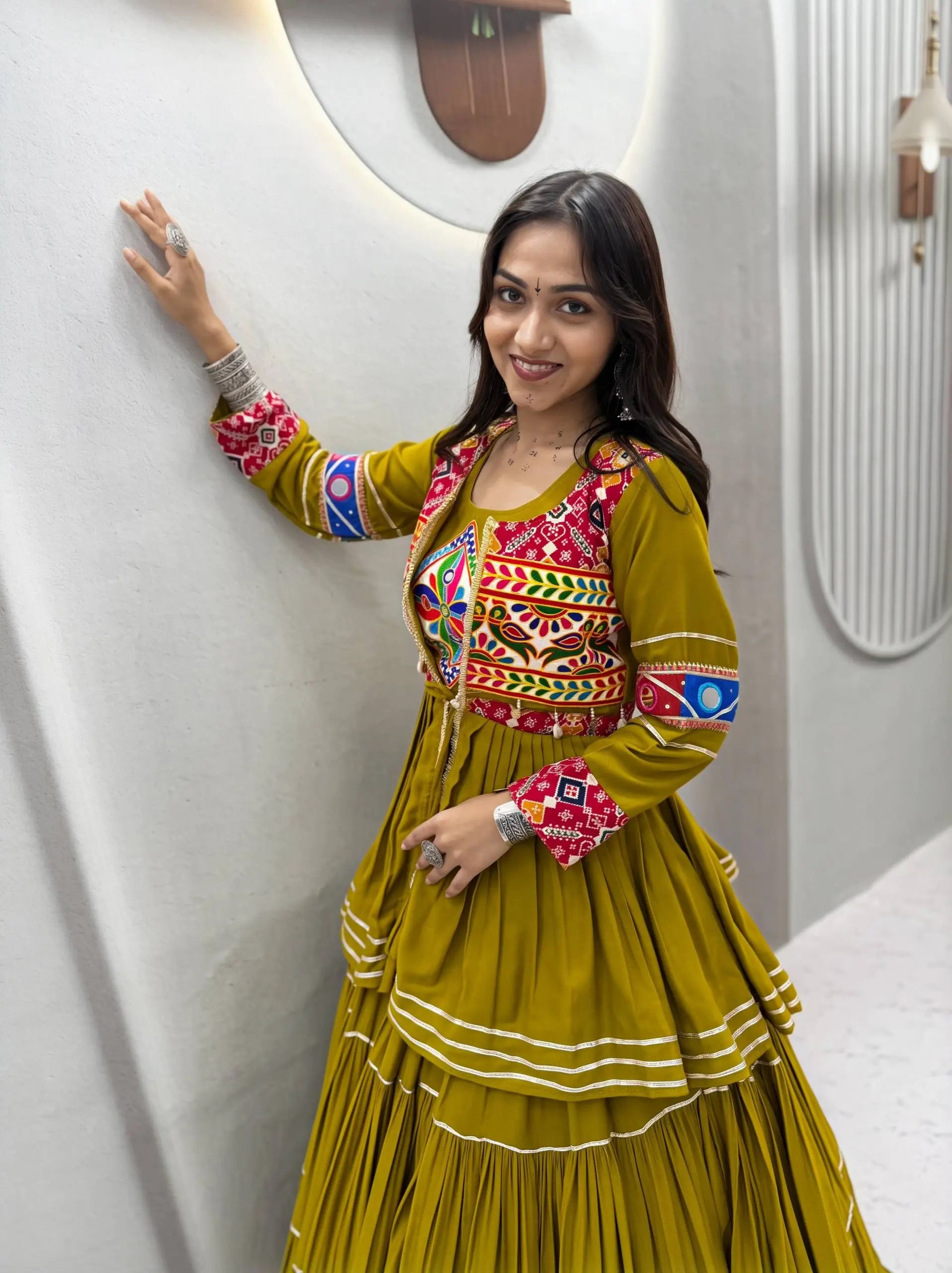 Gamthi Mirror Tiered Koti Lehenga