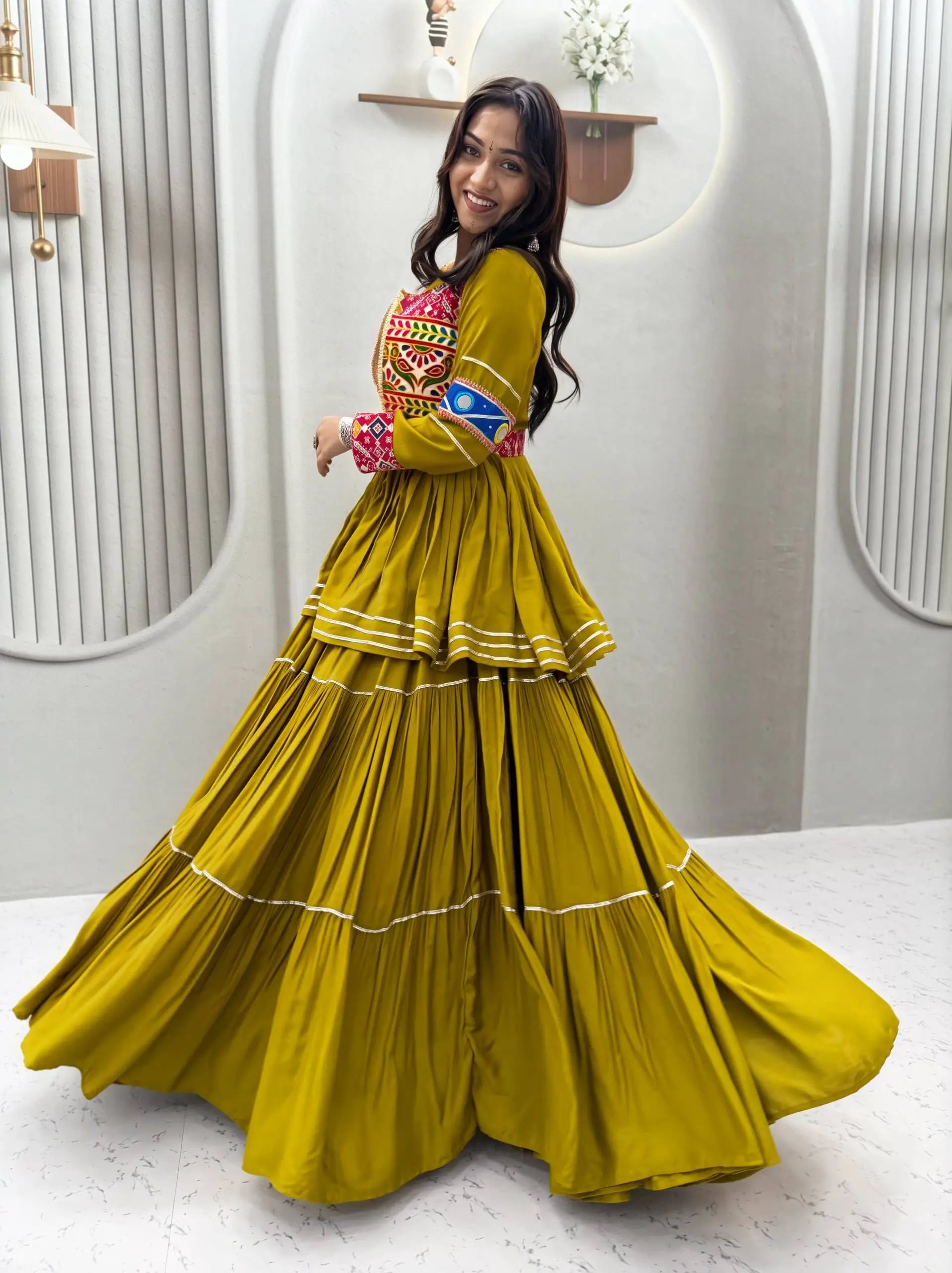 Gamthi Mirror Tiered Koti Lehenga