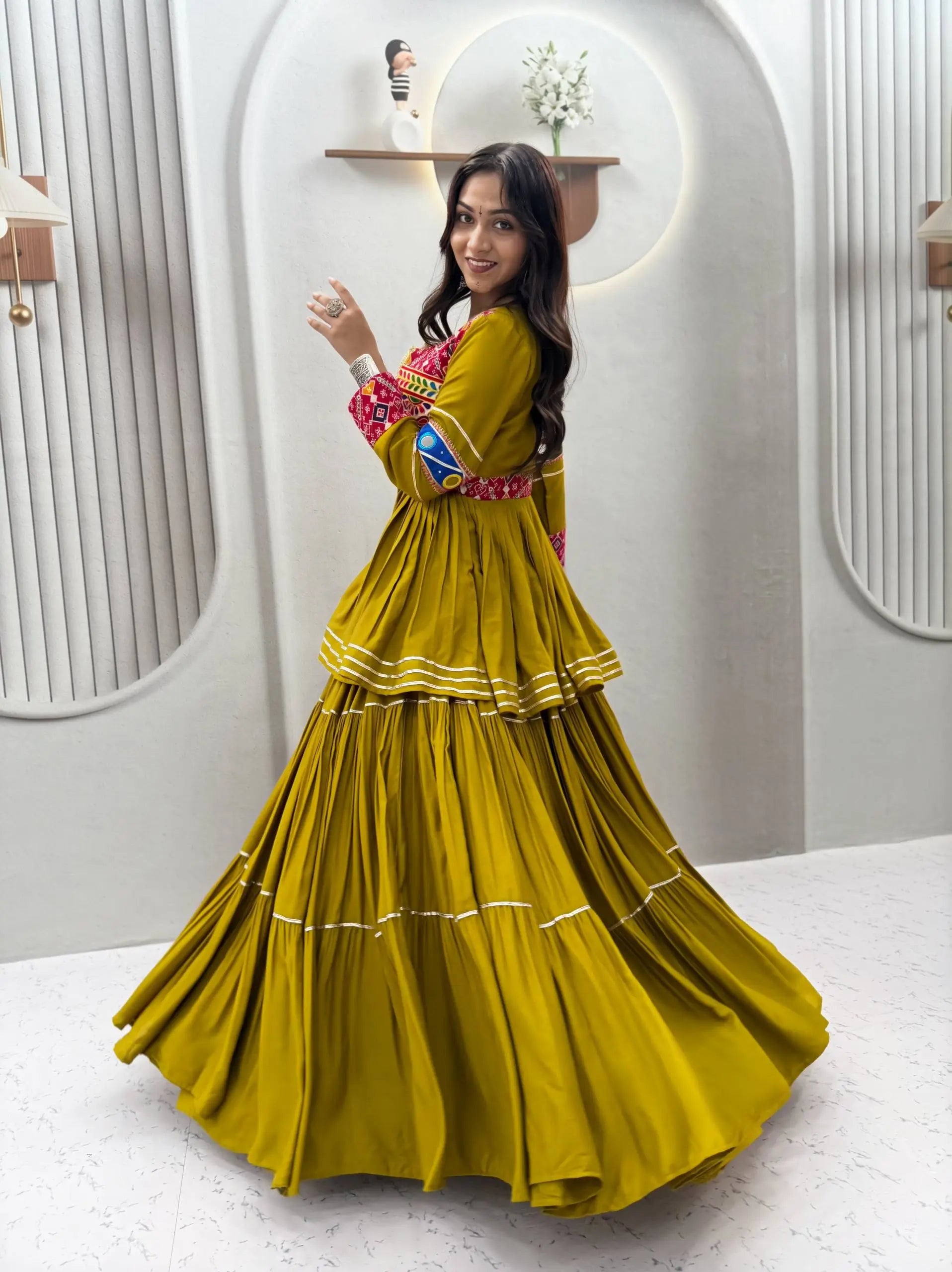Gamthi Mirror Tiered Koti Lehenga