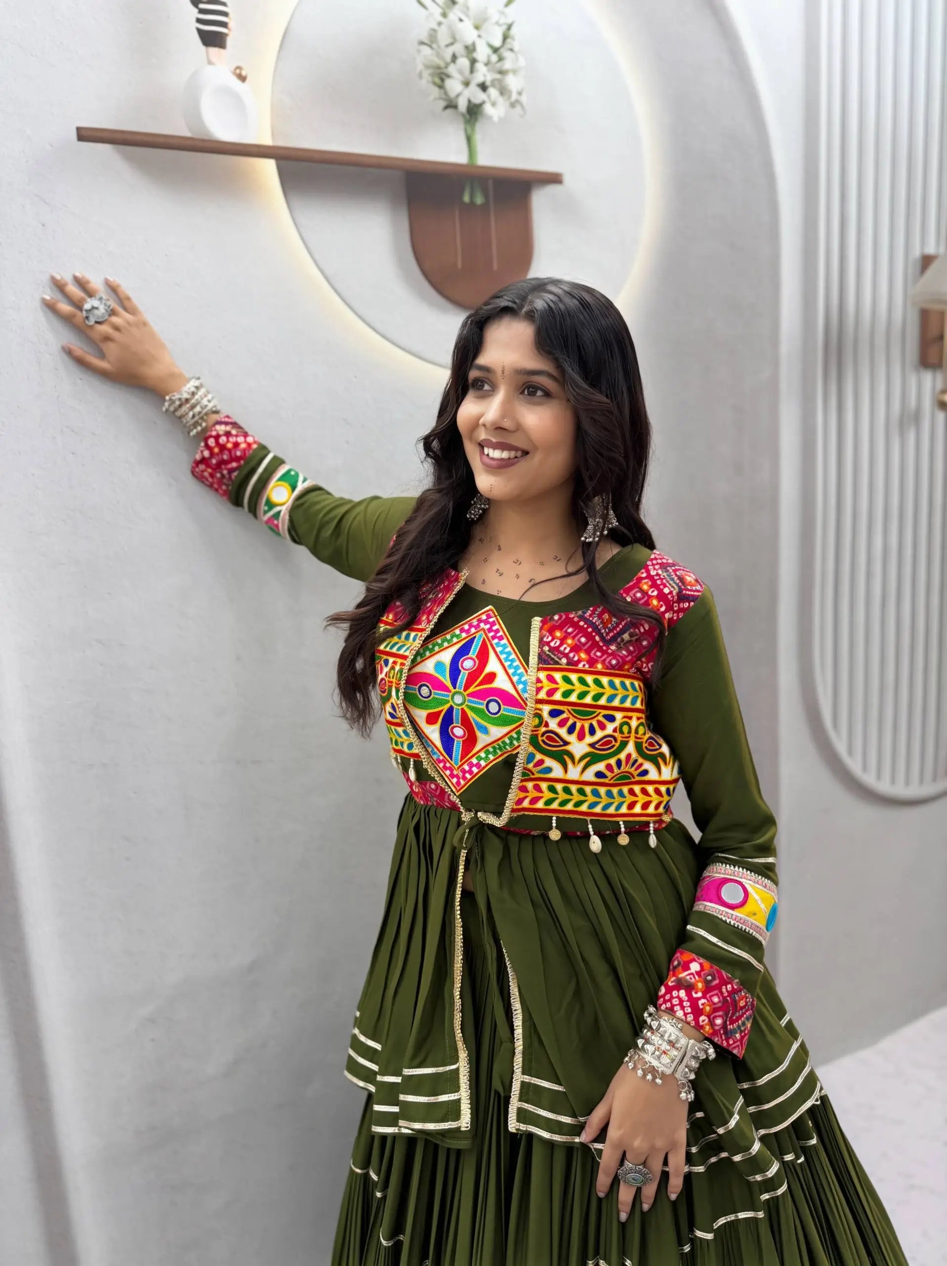 Gamthi Mirror Tiered Koti Lehenga