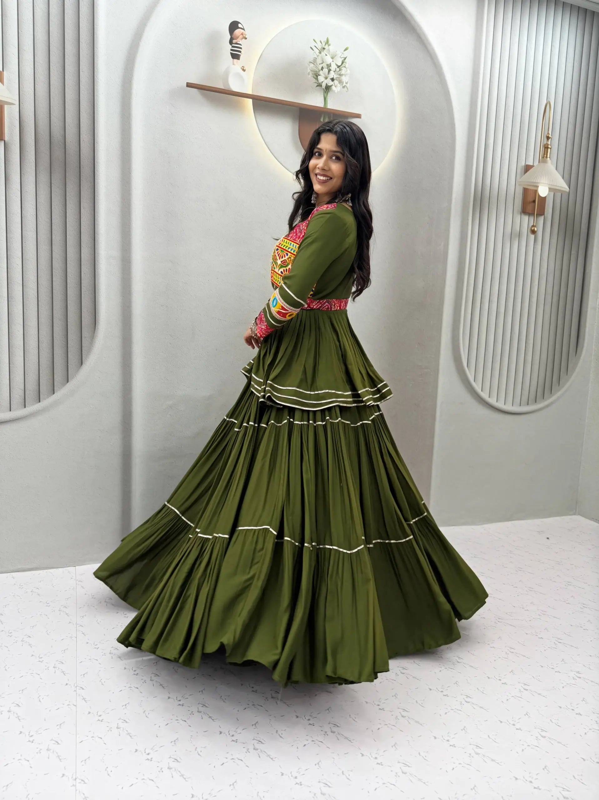 Gamthi Mirror Tiered Koti Lehenga