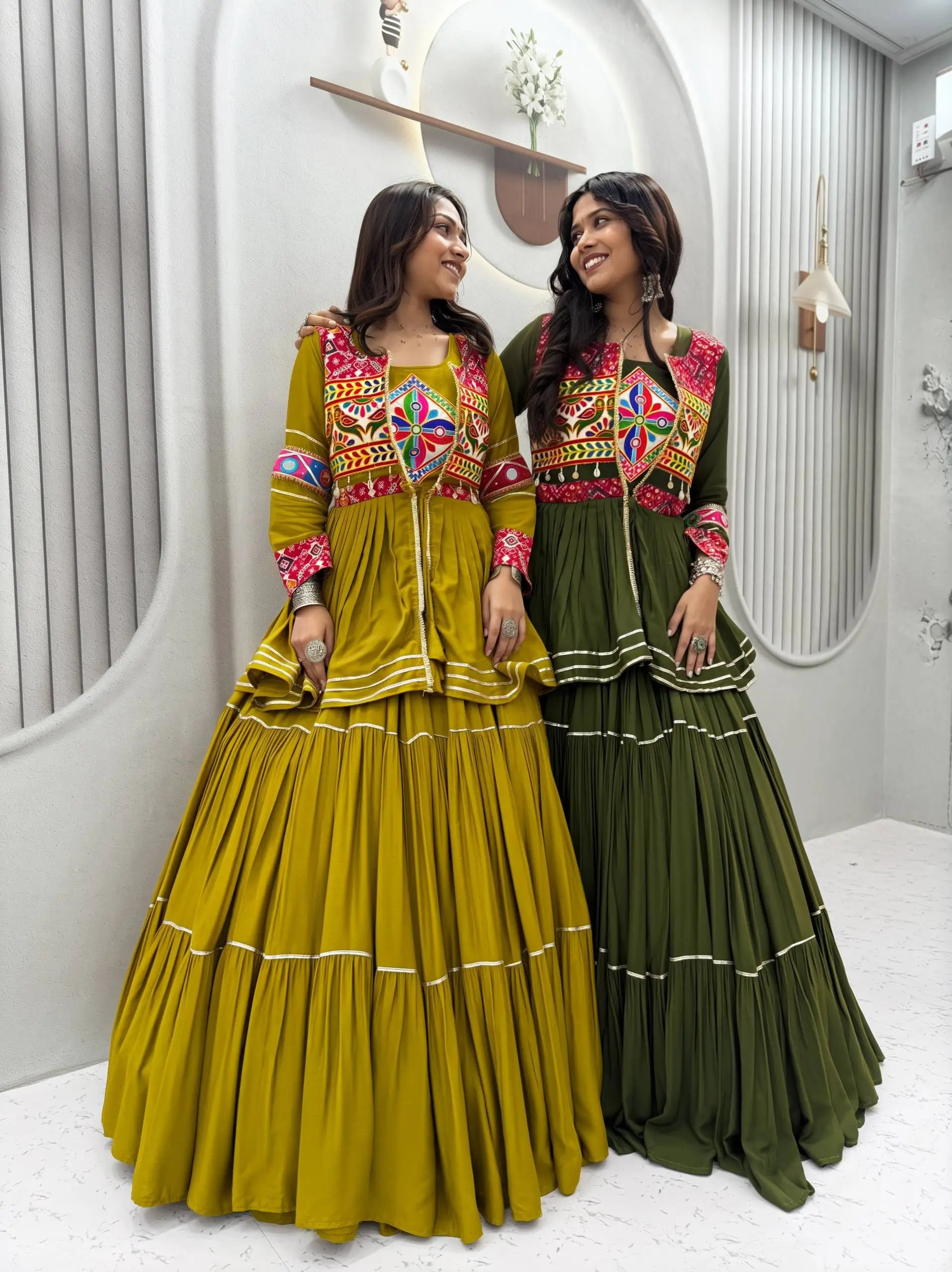 Gamthi Mirror Tiered Koti Lehenga
