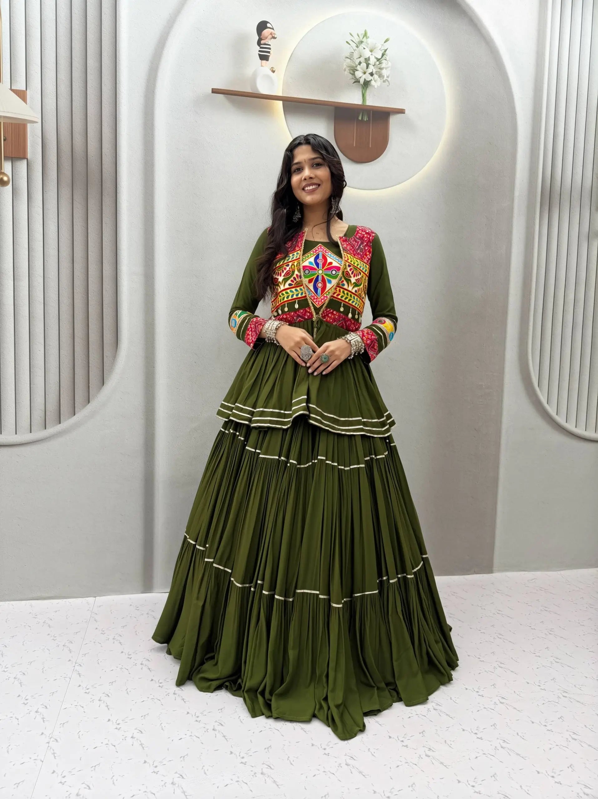 Gamthi Mirror Tiered Koti Lehenga