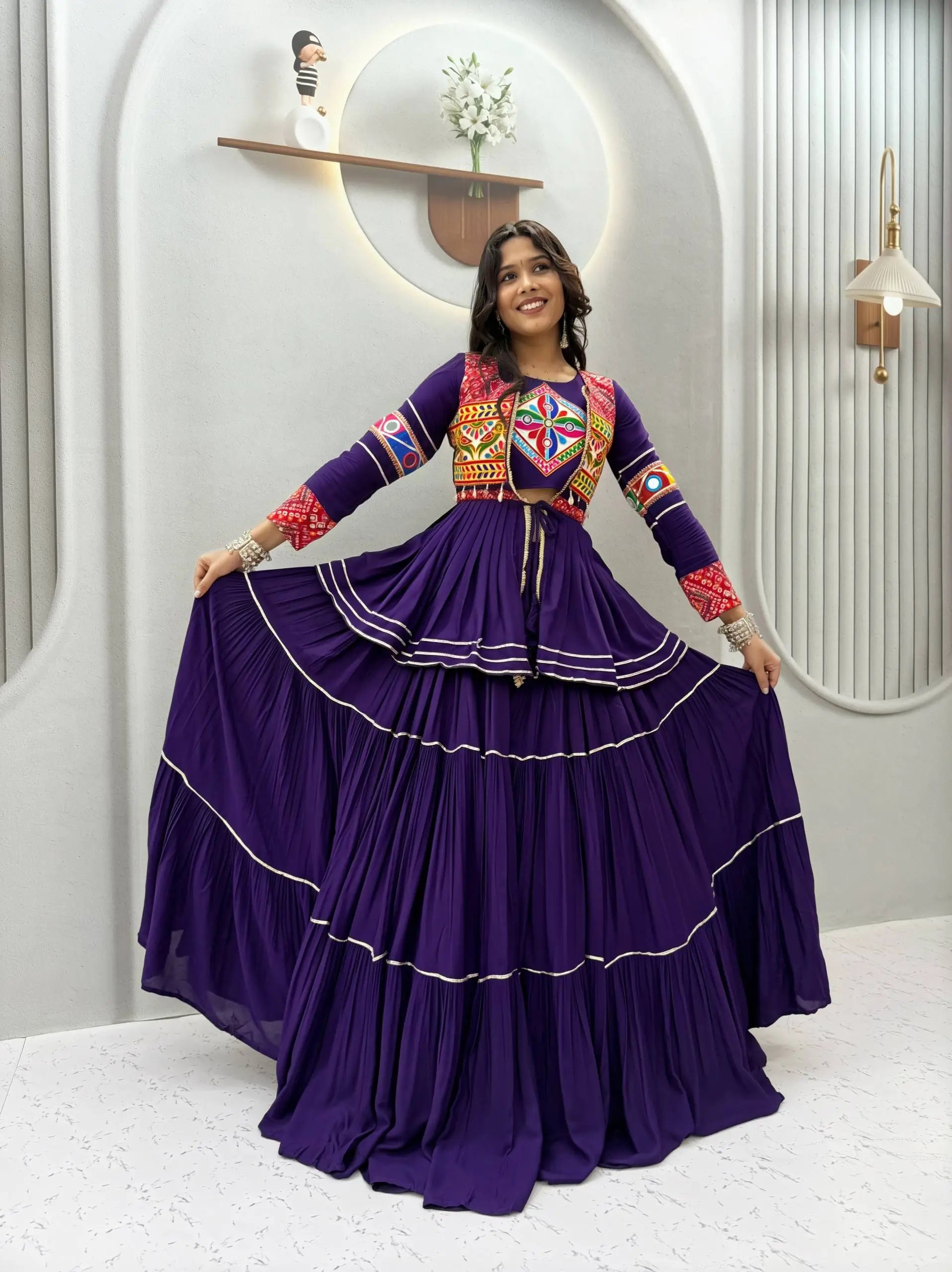 Gamthi Mirror Tiered Koti Lehenga