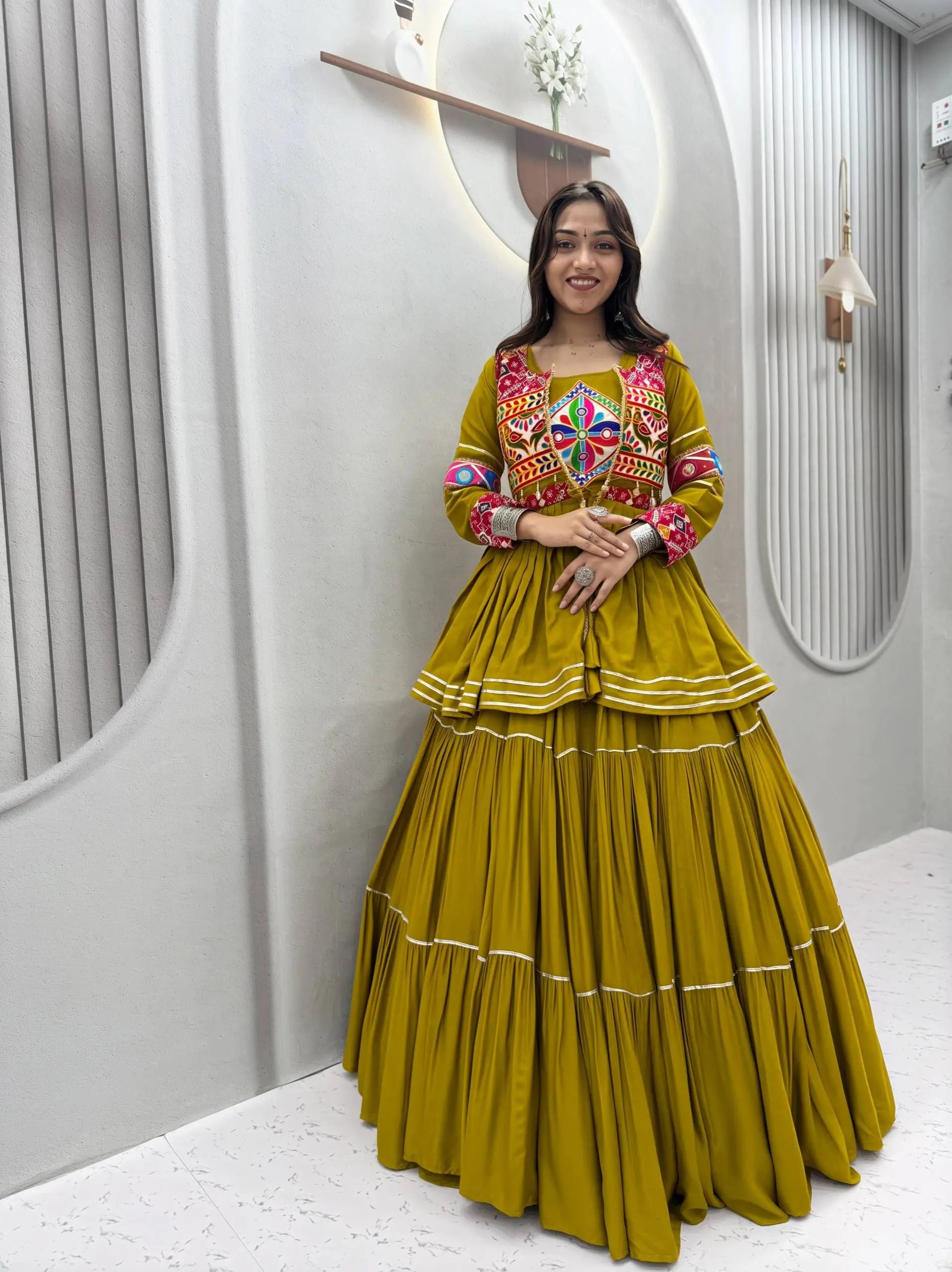 Gamthi Mirror Tiered Koti Lehenga