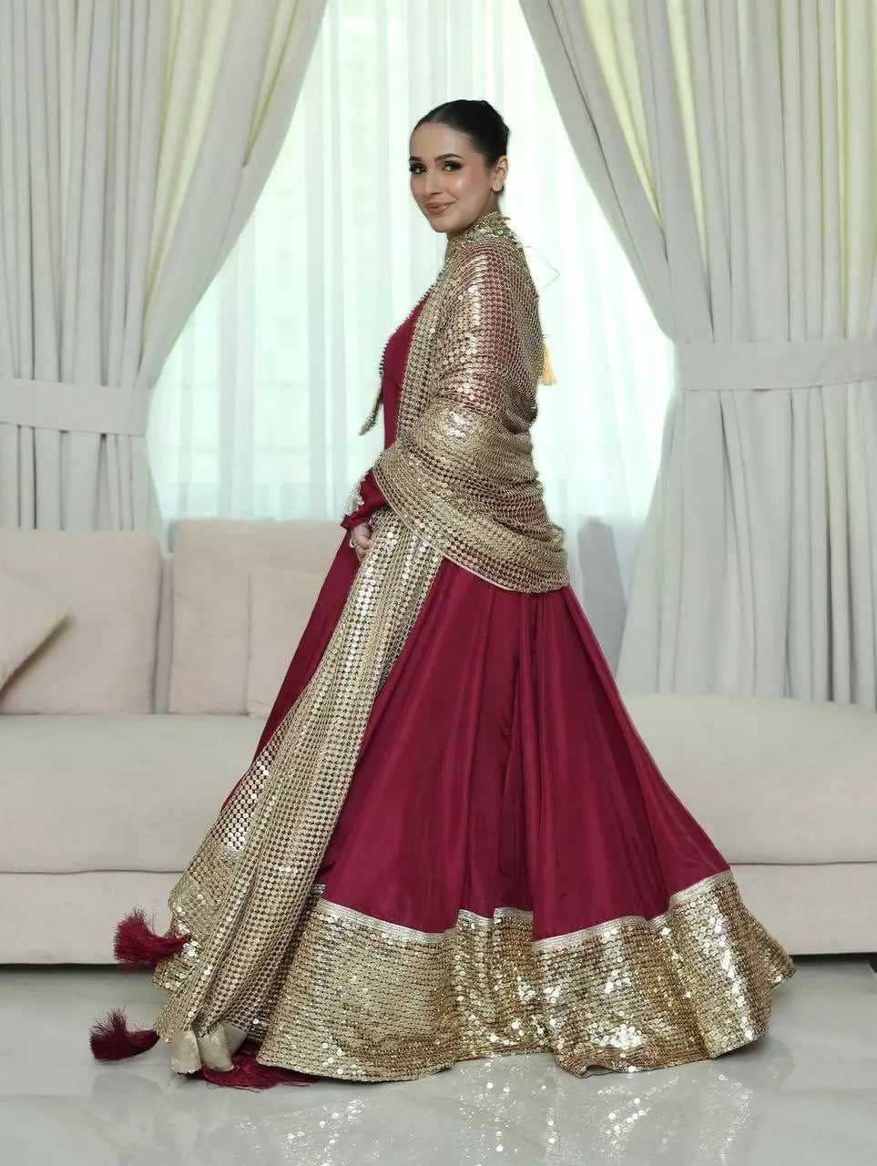Georgette 4 Meter Flared Gown with Embroidered Sequin Net Dupatta | Wedding Party Wear
