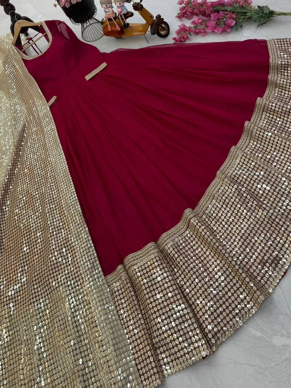 Georgette 4 Meter Flared Gown with Embroidered Sequin Net Dupatta | Wedding Party Wear