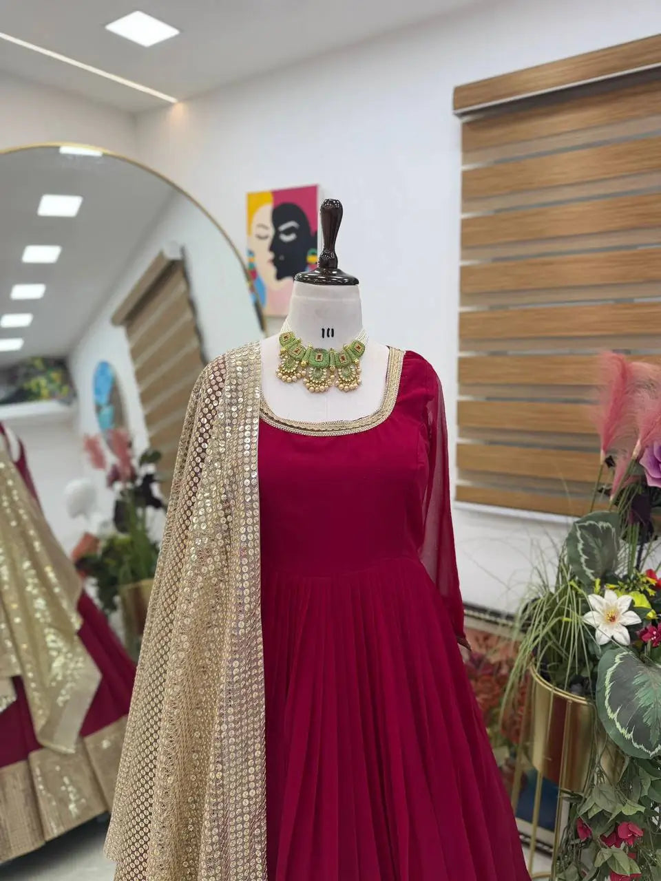 Georgette 4 Meter Flared Gown with Embroidered Sequin Net Dupatta | Wedding Party Wear