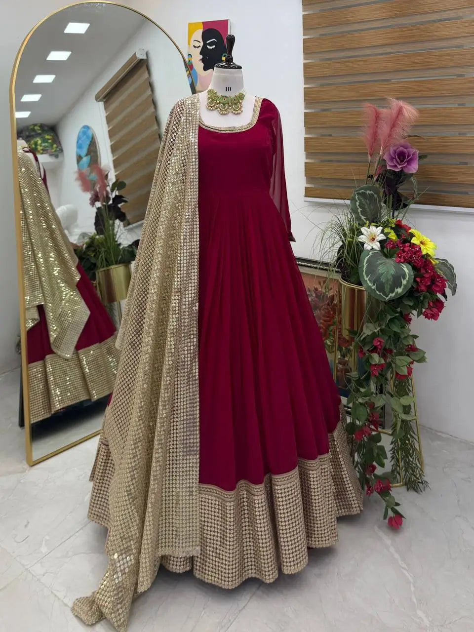 Georgette 4 Meter Flared Gown with Embroidered Sequin Net Dupatta | Wedding Party Wear