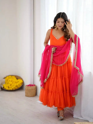 Georgette Chiffon Party Wear Gown Set with Dupatta