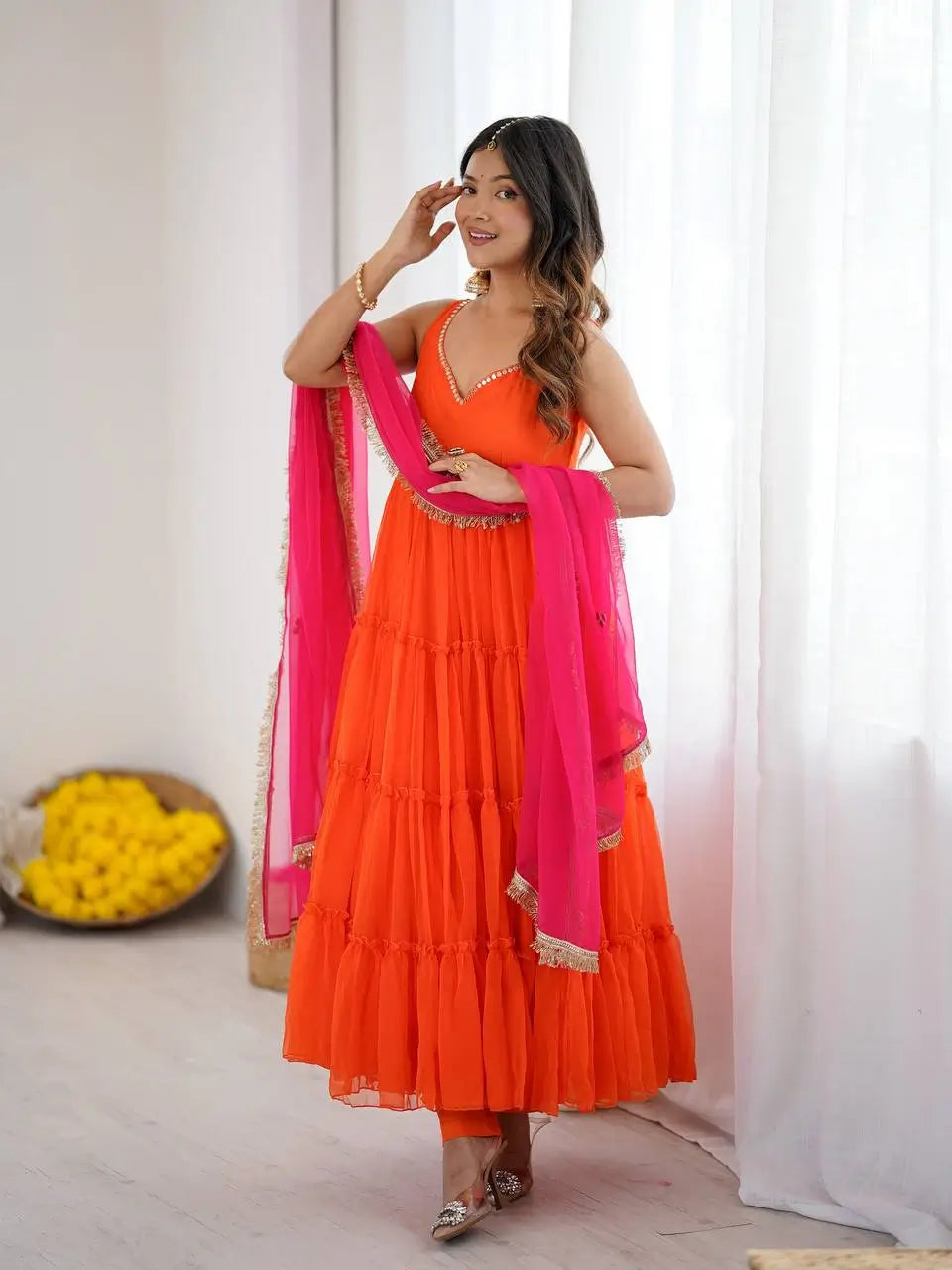 Georgette Chiffon Party Wear Gown Set with Dupatta