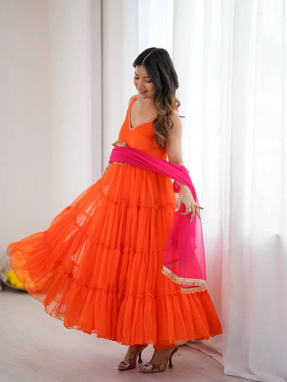 Georgette Chiffon Party Wear Gown Set with Dupatta