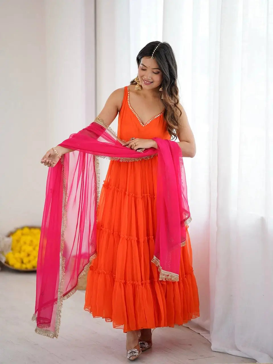 Georgette Chiffon Party Wear Gown Set with Dupatta
