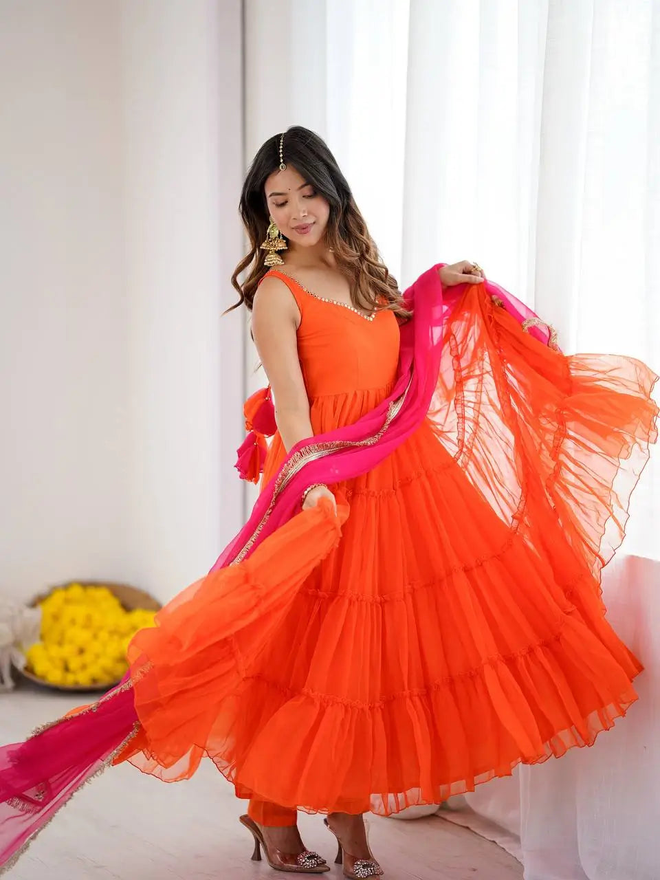 Georgette Chiffon Party Wear Gown Set with Dupatta