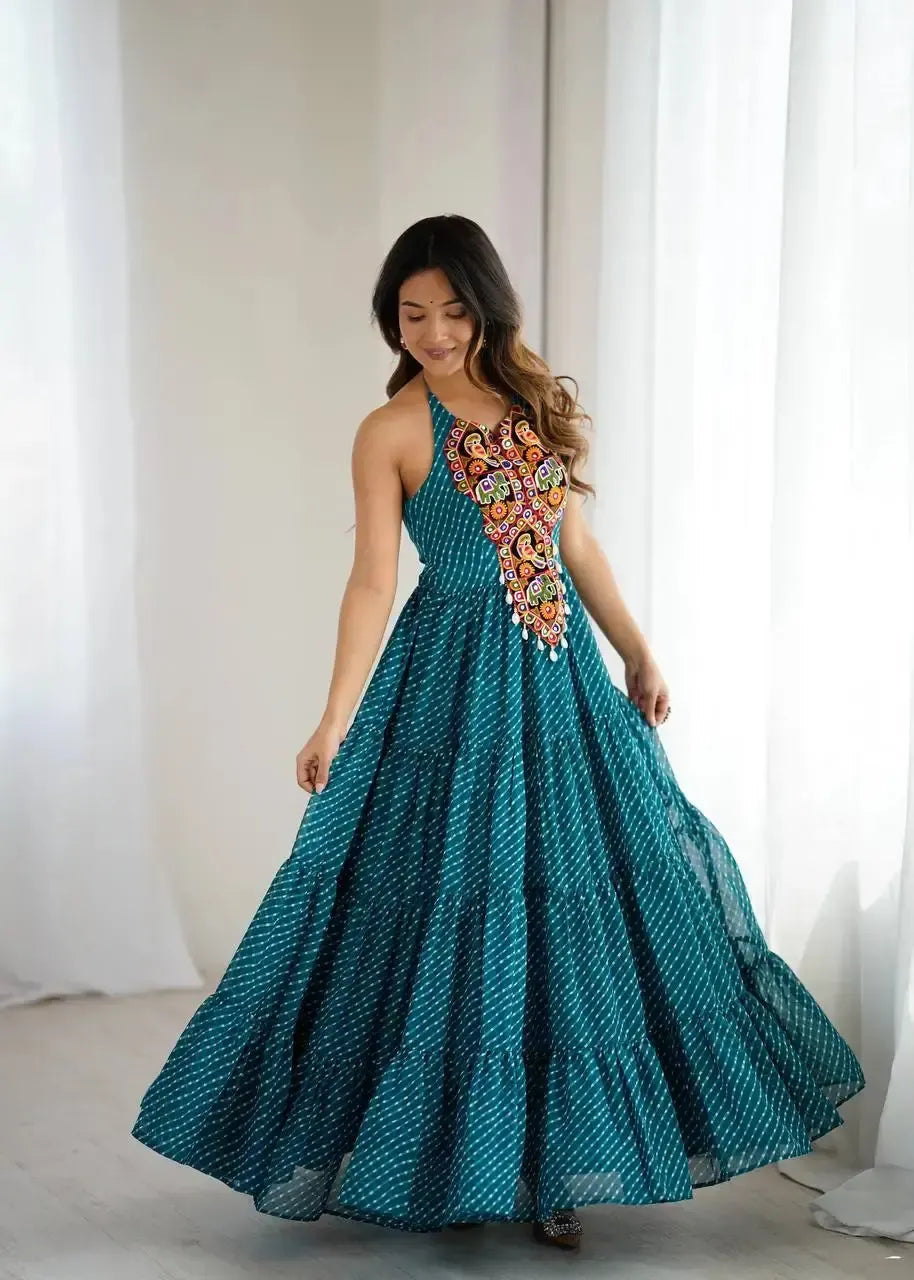Georgette Digital Print Gown with Embroidered Work & Tassel Detailing