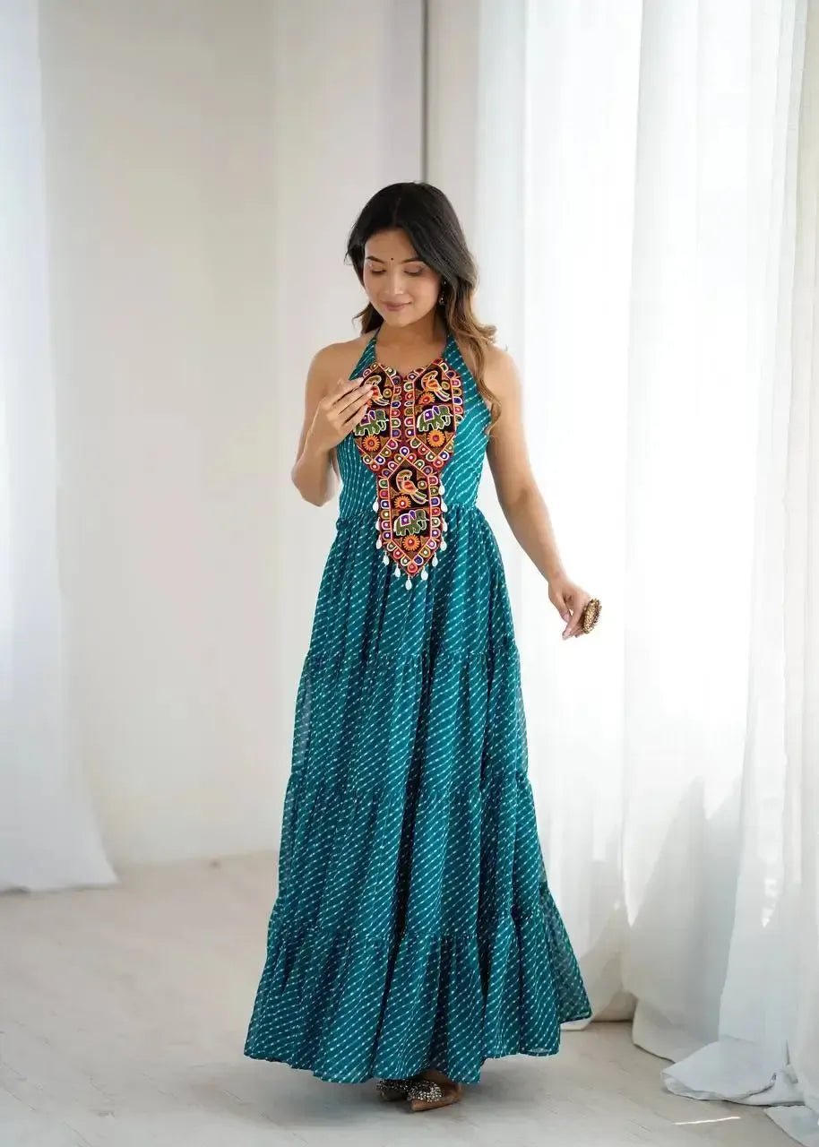 Georgette Digital Print Gown with Embroidered Work & Tassel Detailing