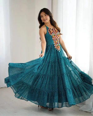 Georgette Digital Print Gown with Embroidered Work & Tassel Detailing