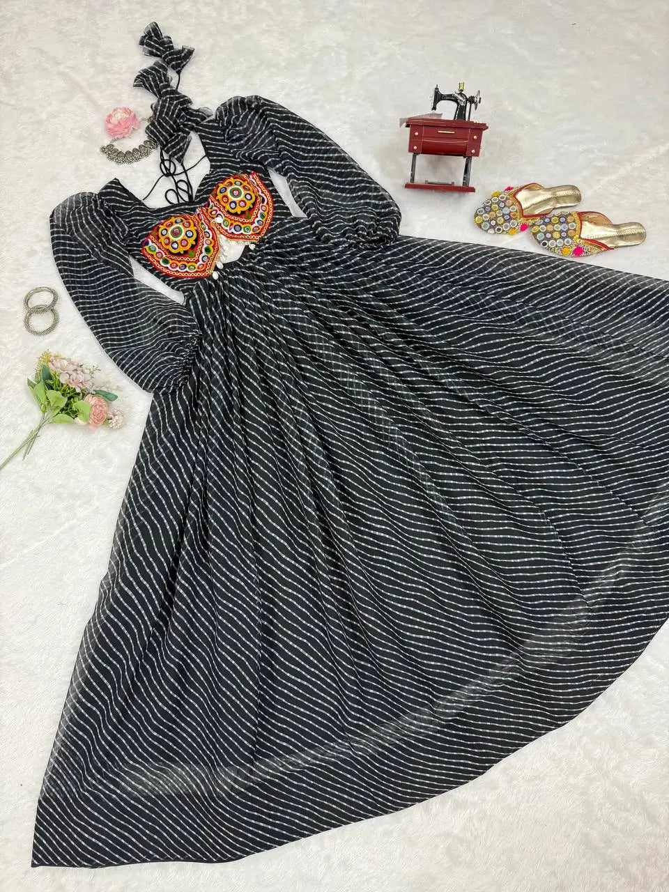 Georgette Digital Print and Chain-Stitch Embroidered Flared Gown