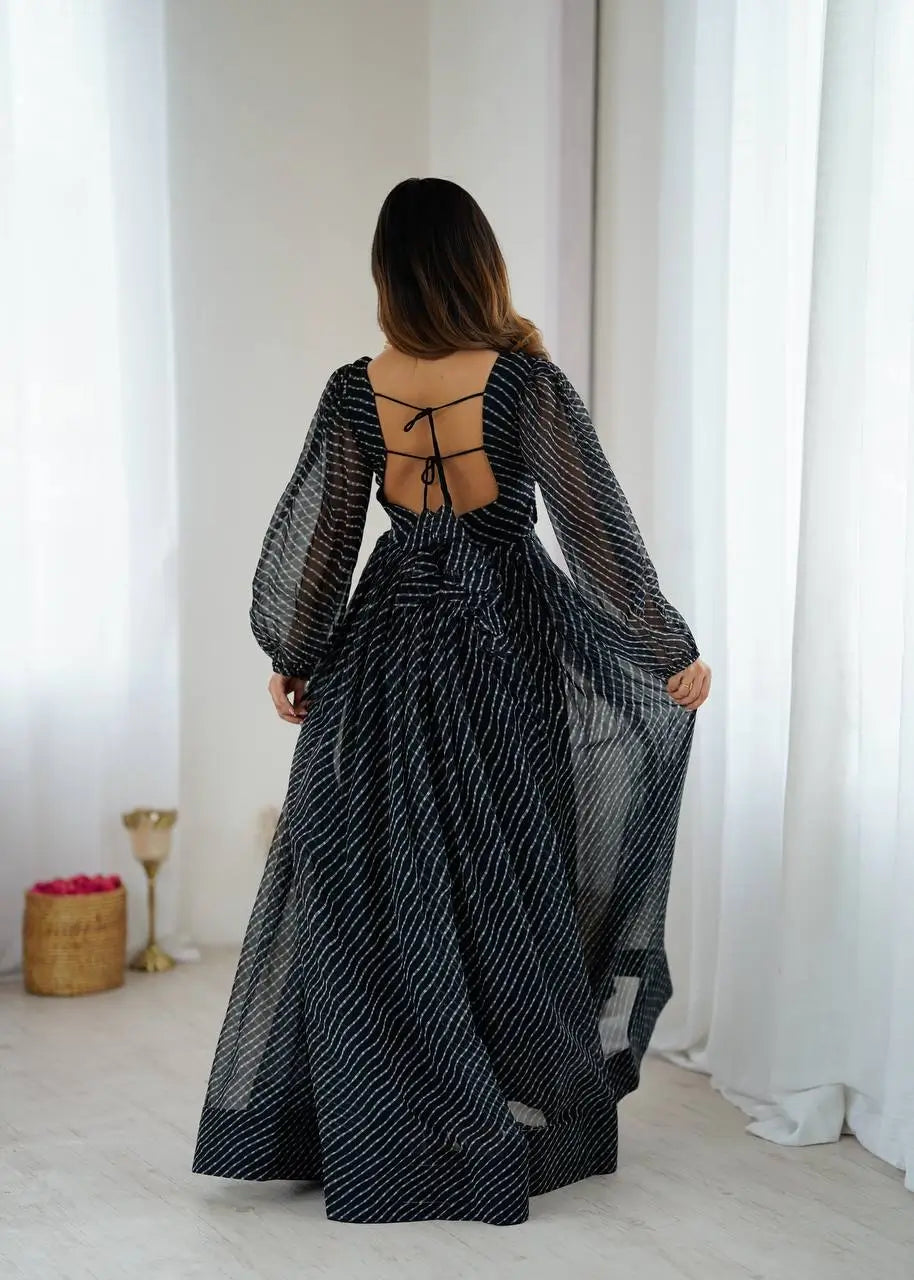 Georgette Digital Print and Chain-Stitch Embroidered Flared Gown