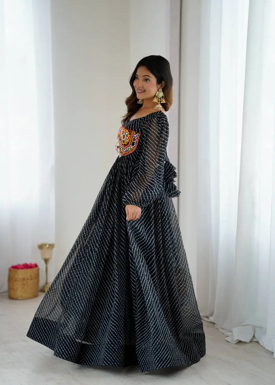 Georgette Digital Print and Chain-Stitch Embroidered Flared Gown