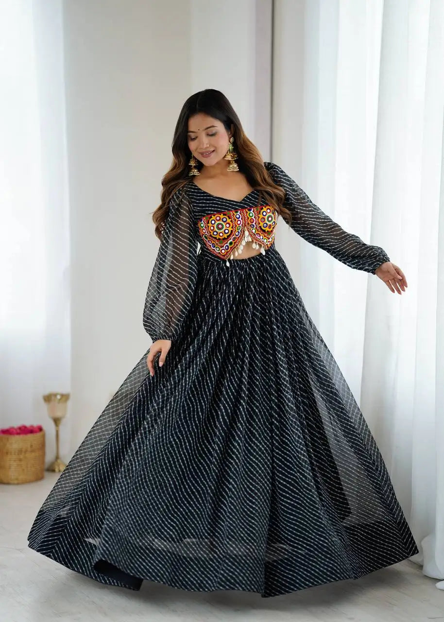 Georgette Digital Print and Chain-Stitch Embroidered Flared Gown