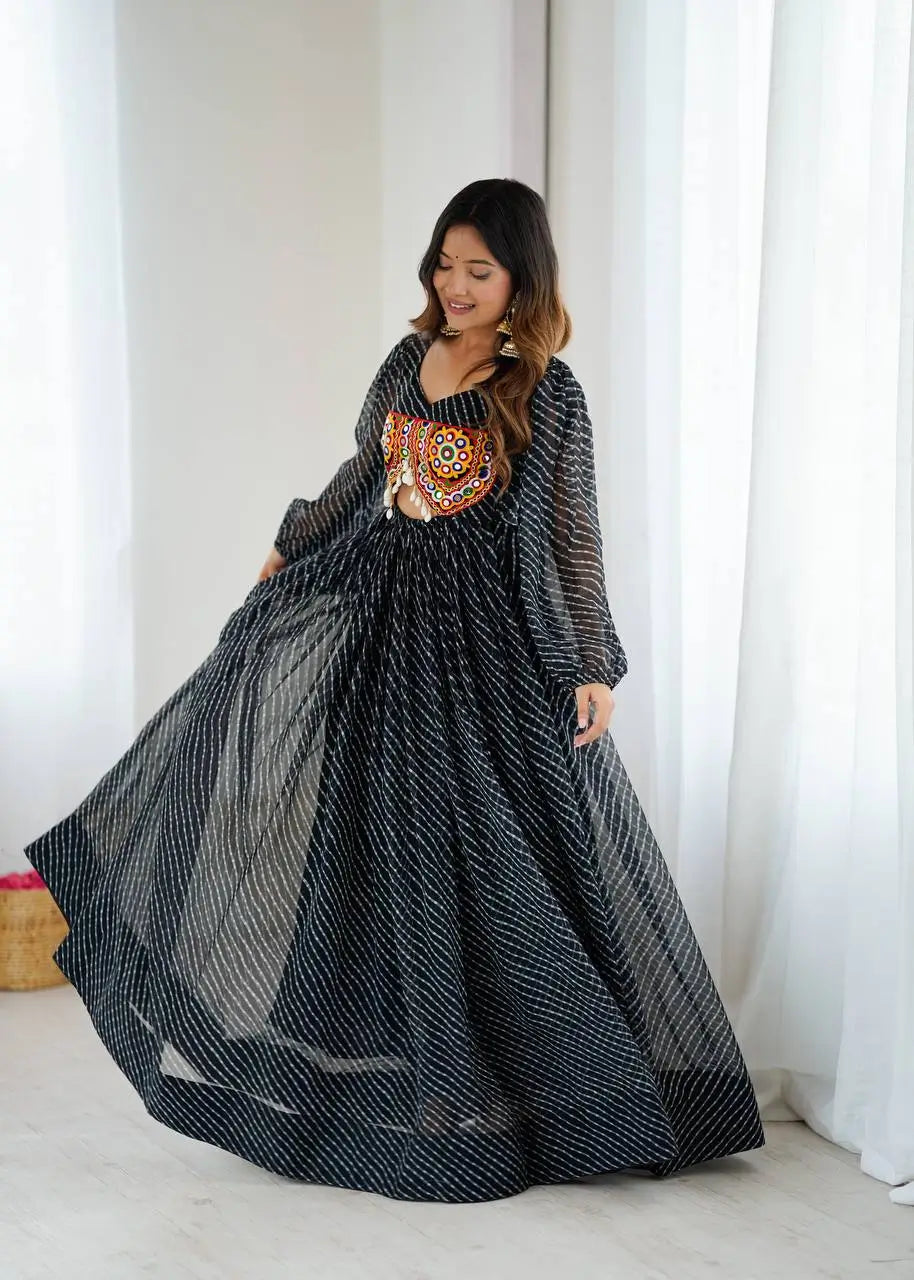 Georgette Digital Print and Chain-Stitch Embroidered Flared Gown