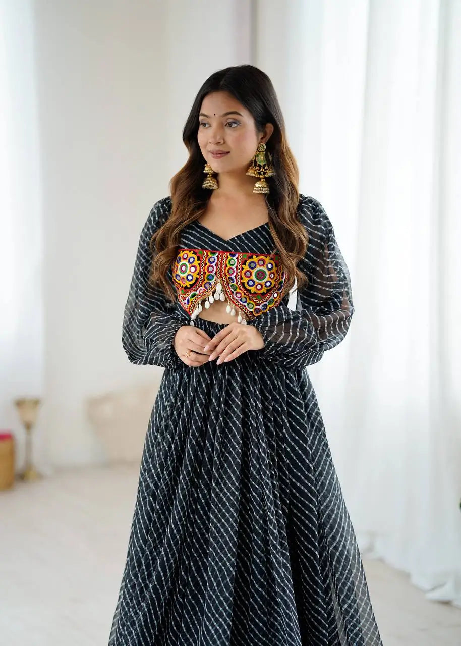 Georgette Digital Print and Chain-Stitch Embroidered Flared Gown