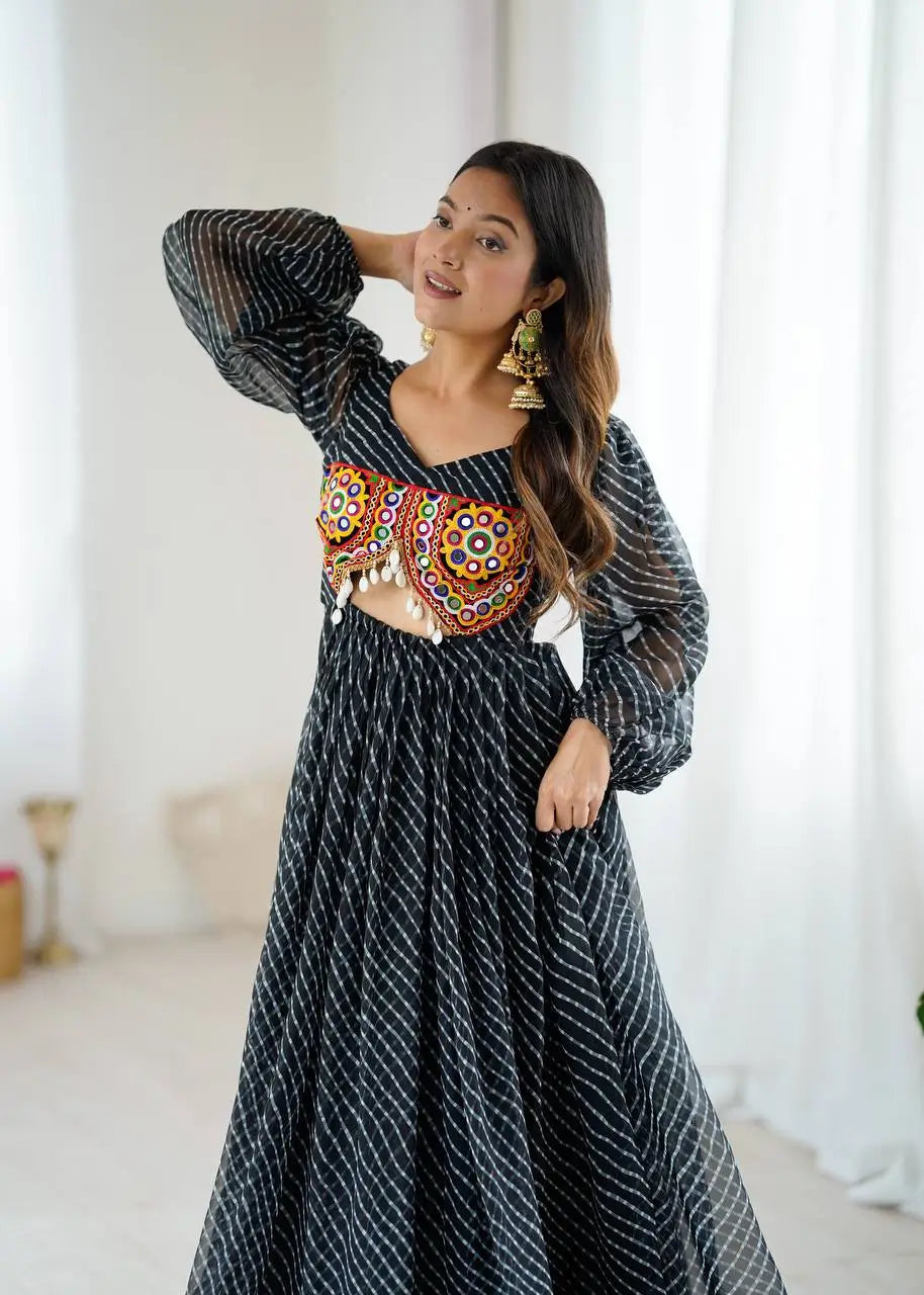 Georgette Digital Print and Chain-Stitch Embroidered Flared Gown