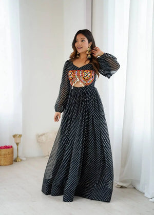 Georgette Digital Print and Chain-Stitch Embroidered Flared Gown