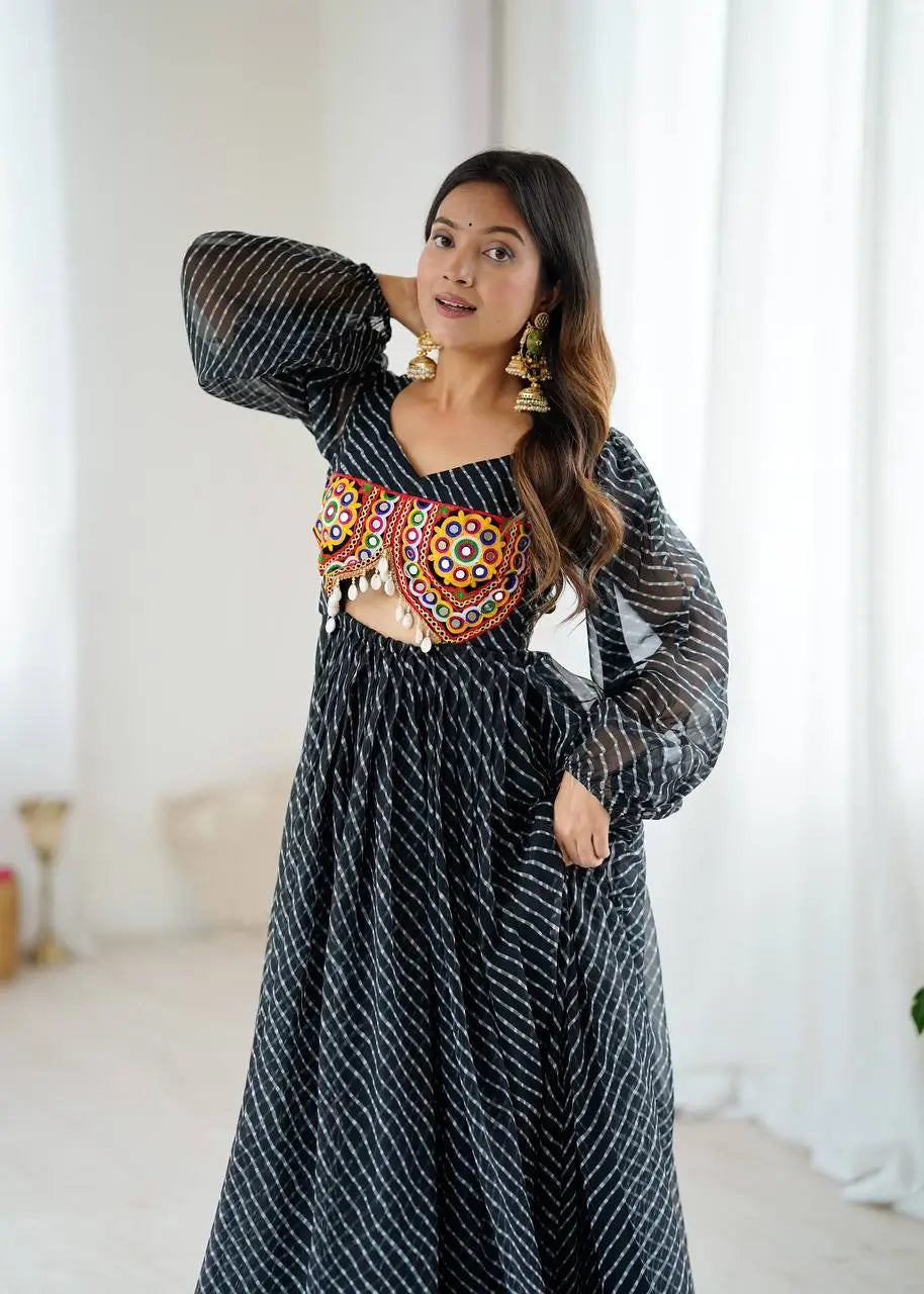 Georgette Digital Print and Chain-Stitch Embroidered Flared Gown