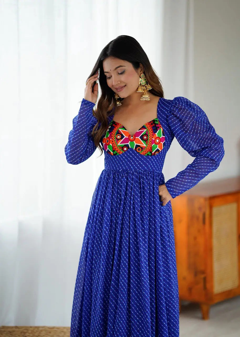 Georgette Digital Print and Chain-Stitch Embroidered Flared Gown