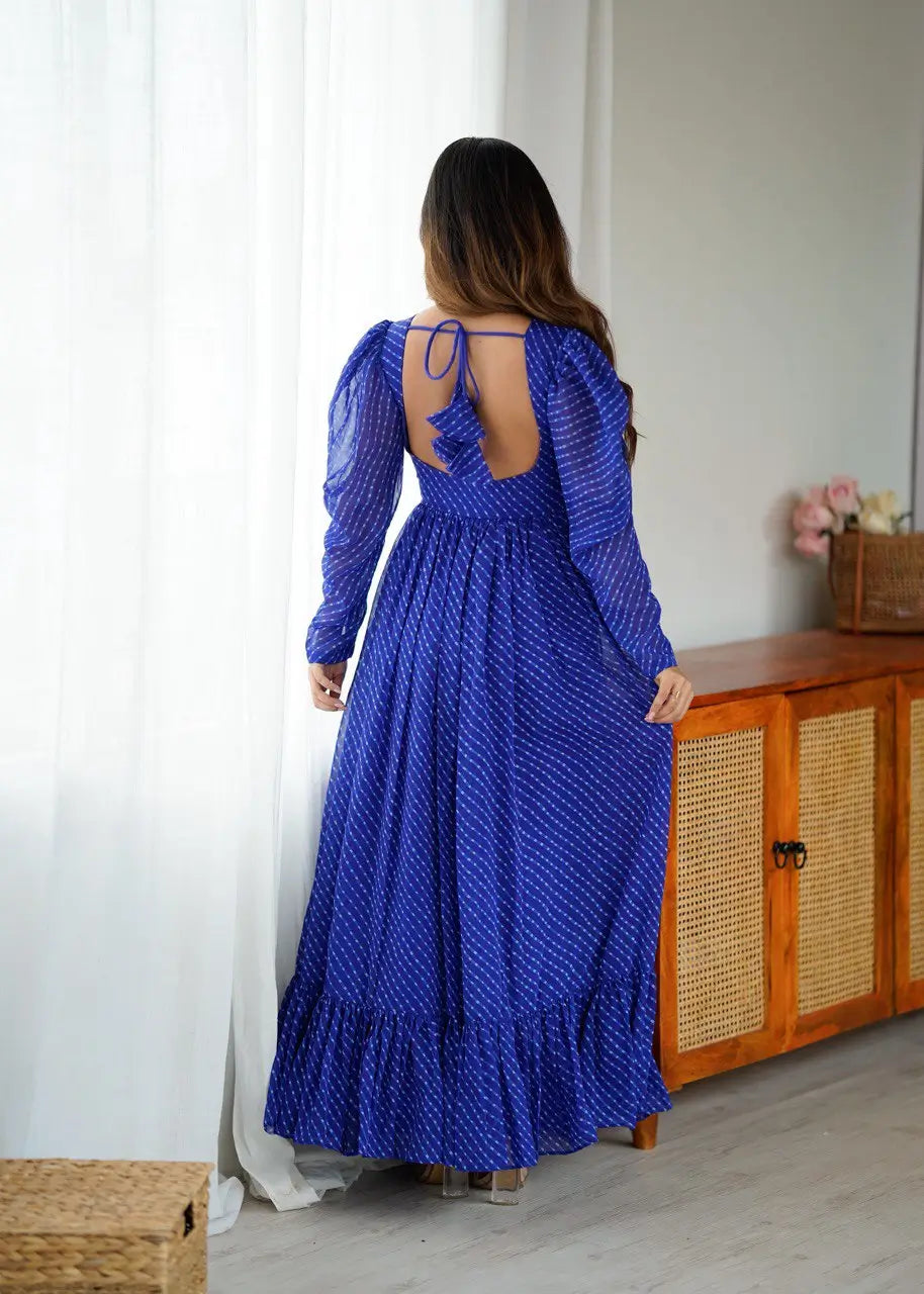 Georgette Digital Print and Chain-Stitch Embroidered Flared Gown