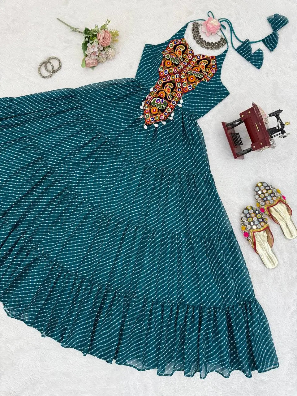 Georgette Digital Print and Chain-Stitch Embroidered Gown