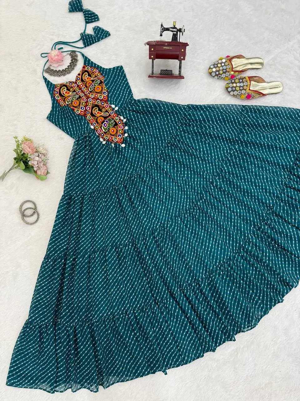 Georgette Digital Print and Chain-Stitch Embroidered Gown