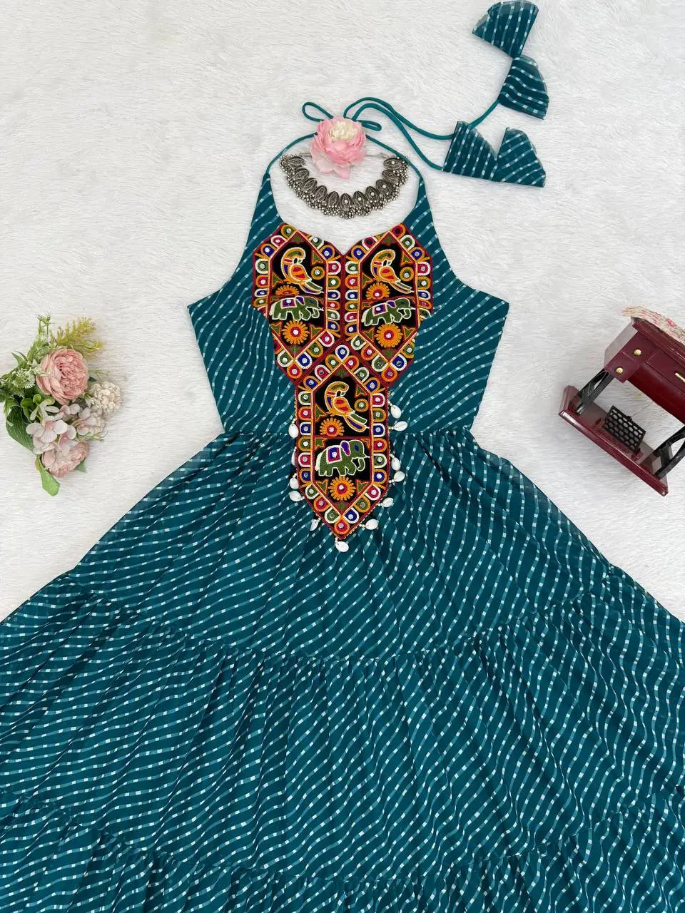 Georgette Digital Print and Chain-Stitch Embroidered Gown