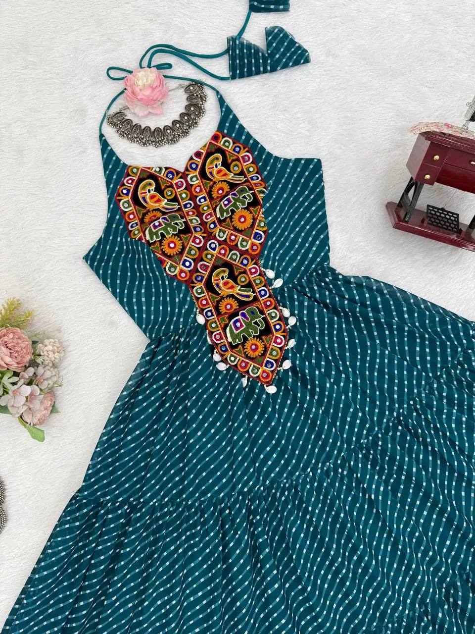 Georgette Digital Print and Chain-Stitch Embroidered Gown