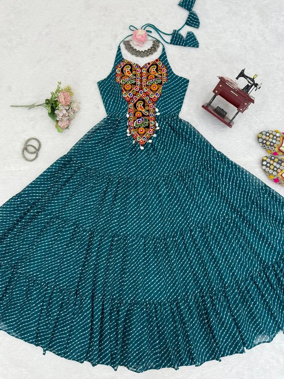 Georgette Digital Print and Chain-Stitch Embroidered Gown