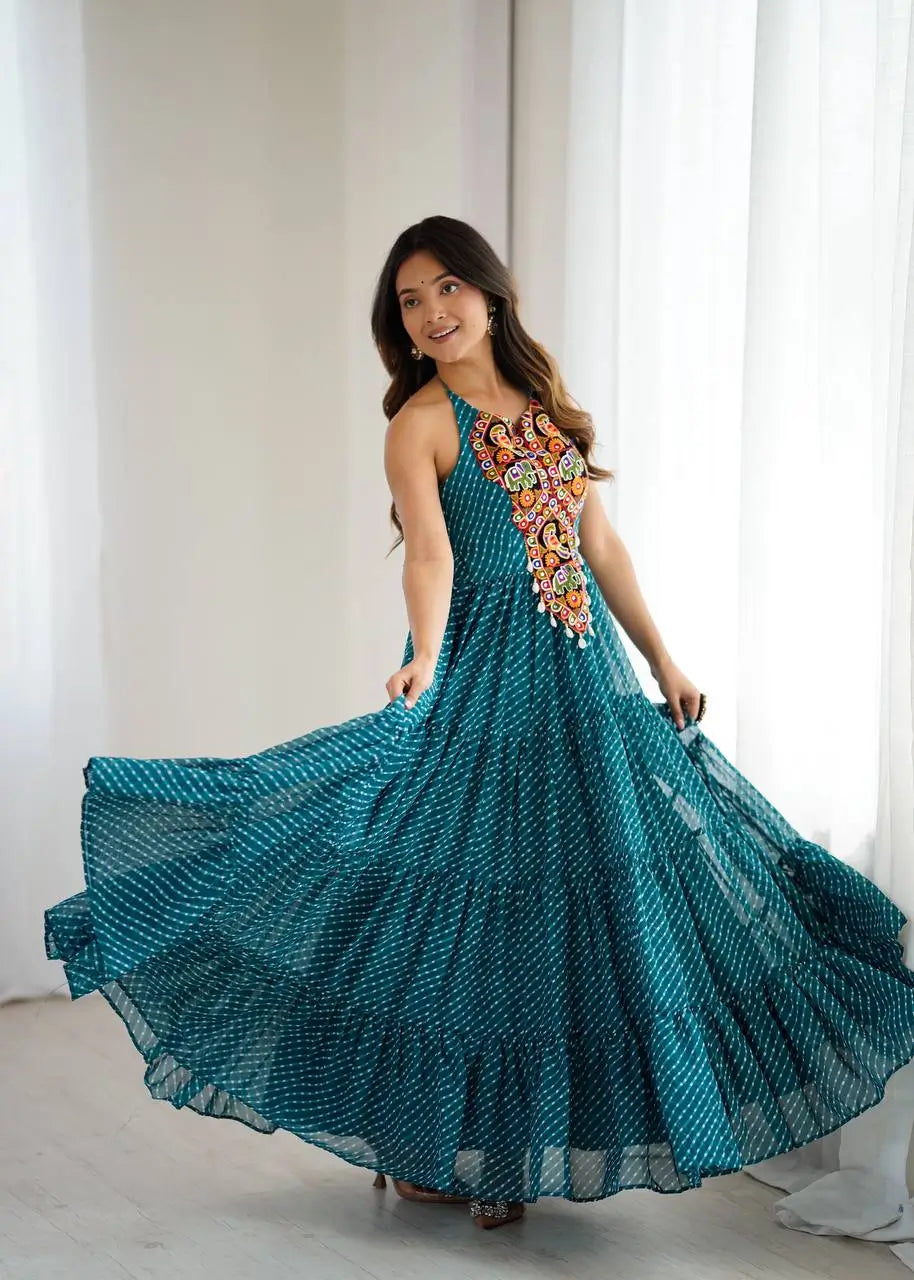 Georgette Digital Print and Chain-Stitch Embroidered Gown