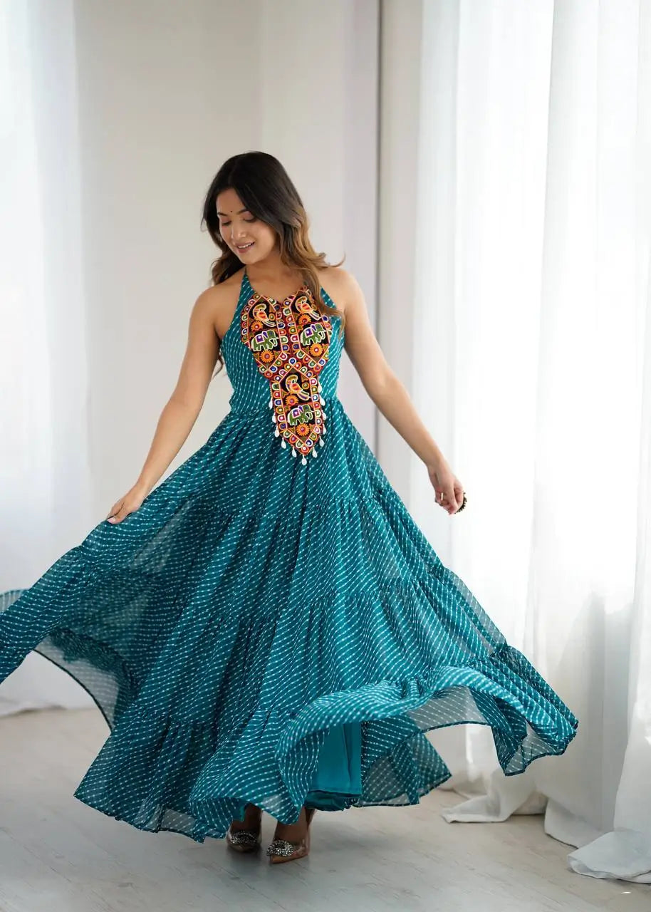 Georgette Digital Print and Chain-Stitch Embroidered Gown