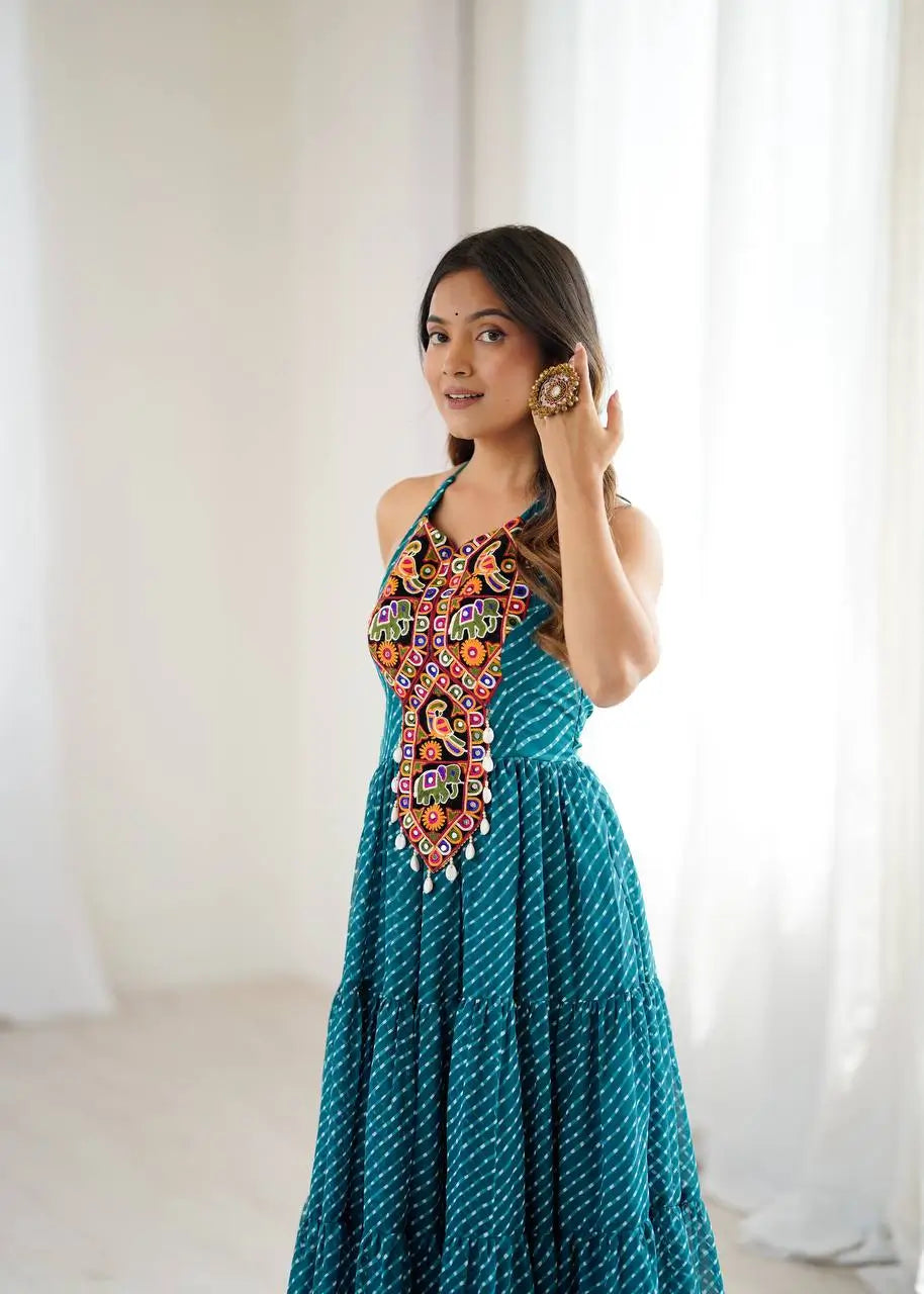 Georgette Digital Print and Chain-Stitch Embroidered Gown