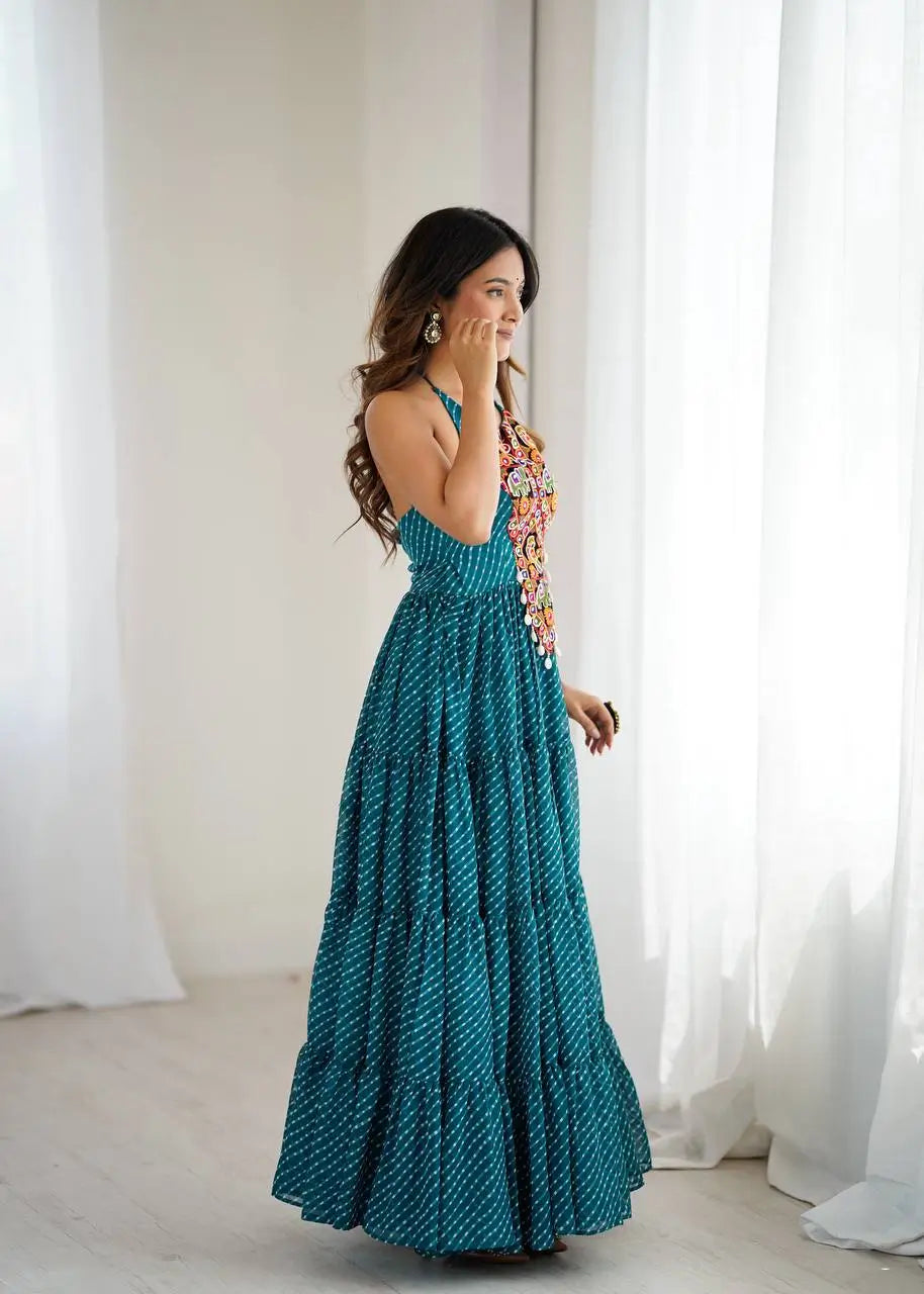 Georgette Digital Print and Chain-Stitch Embroidered Gown