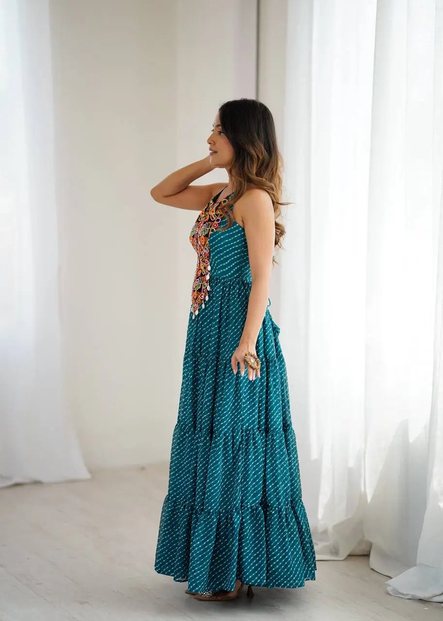 Georgette Digital Print and Chain-Stitch Embroidered Gown