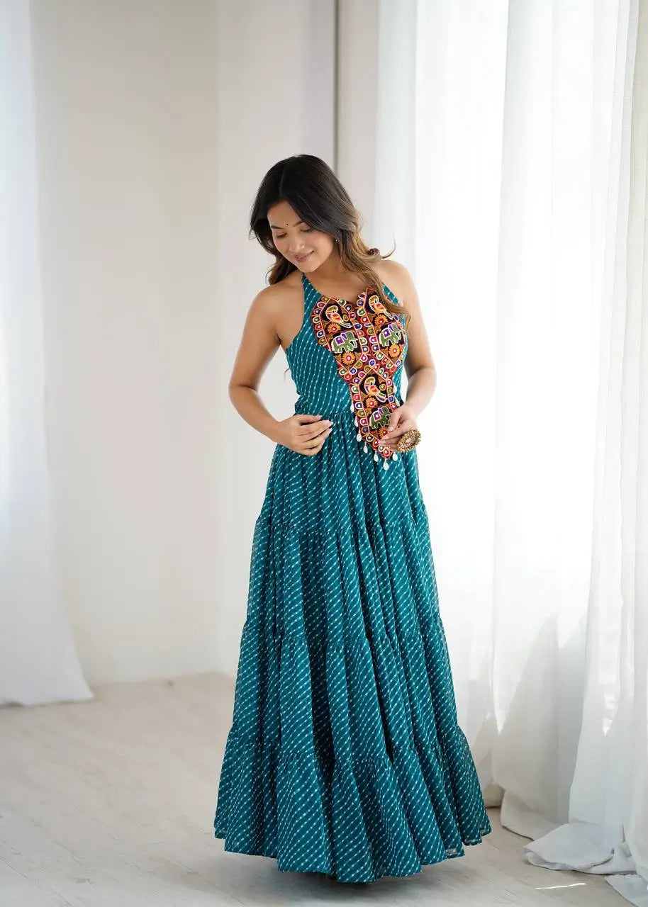 Georgette Digital Print and Chain-Stitch Embroidered Gown