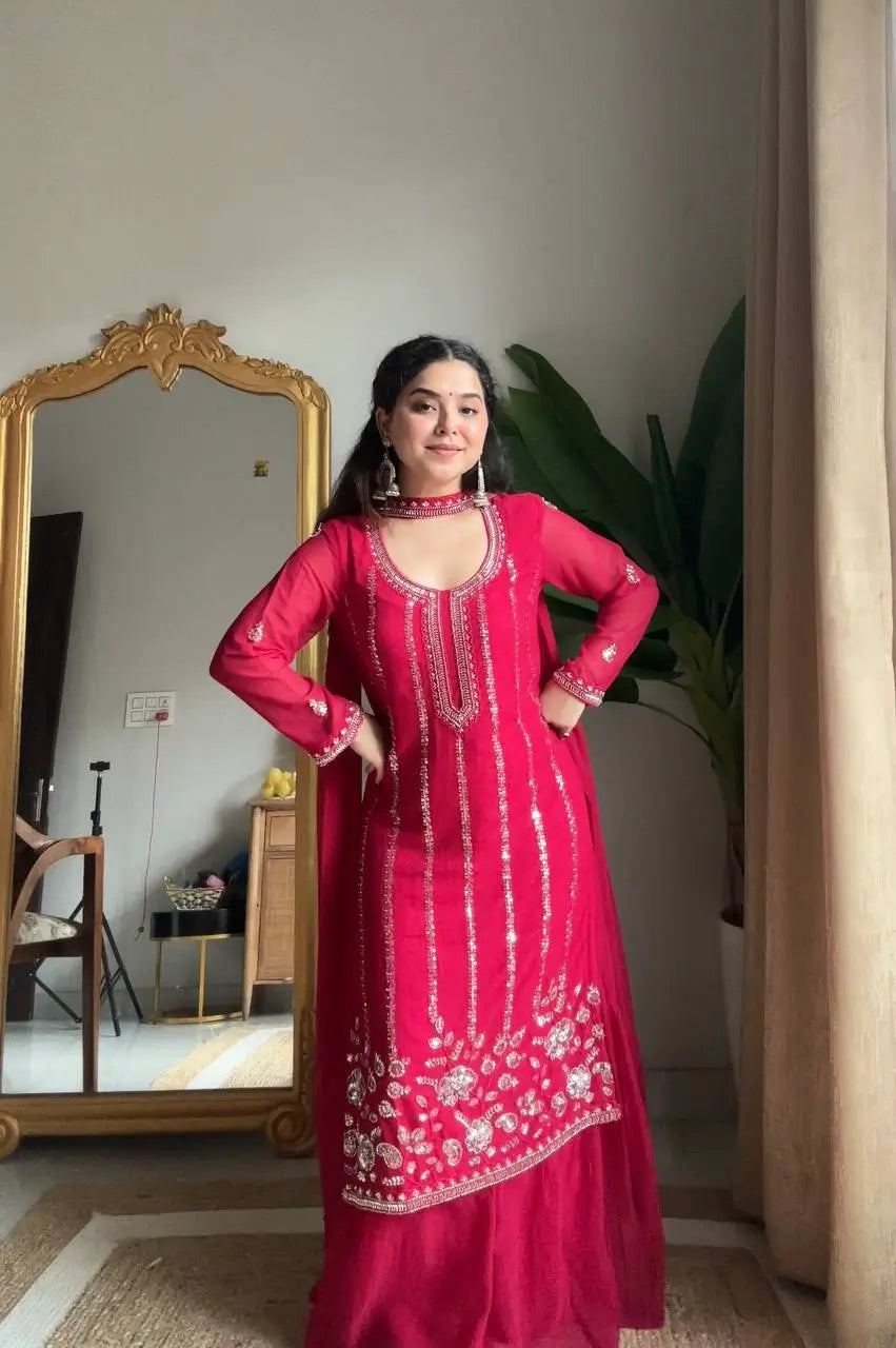Georgette Embroidered Sharara Set with Belt Style Dupatta for Festive and Wedding Wear