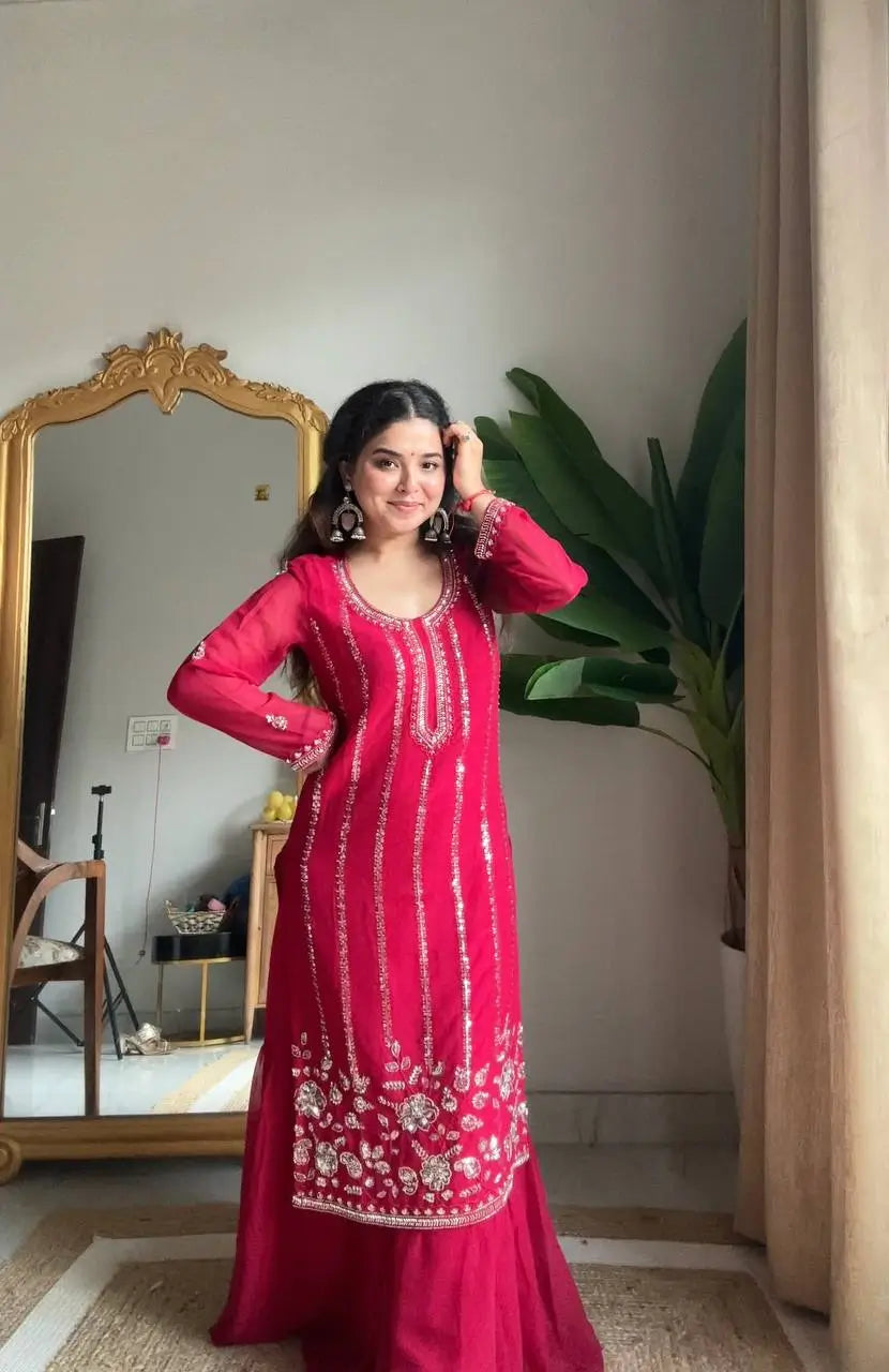 Georgette Embroidered Sharara Set with Belt Style Dupatta for Festive and Wedding Wear