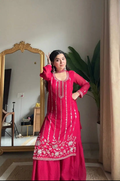 Georgette Embroidered Sharara Set with Belt Style Dupatta for Festive and Wedding Wear