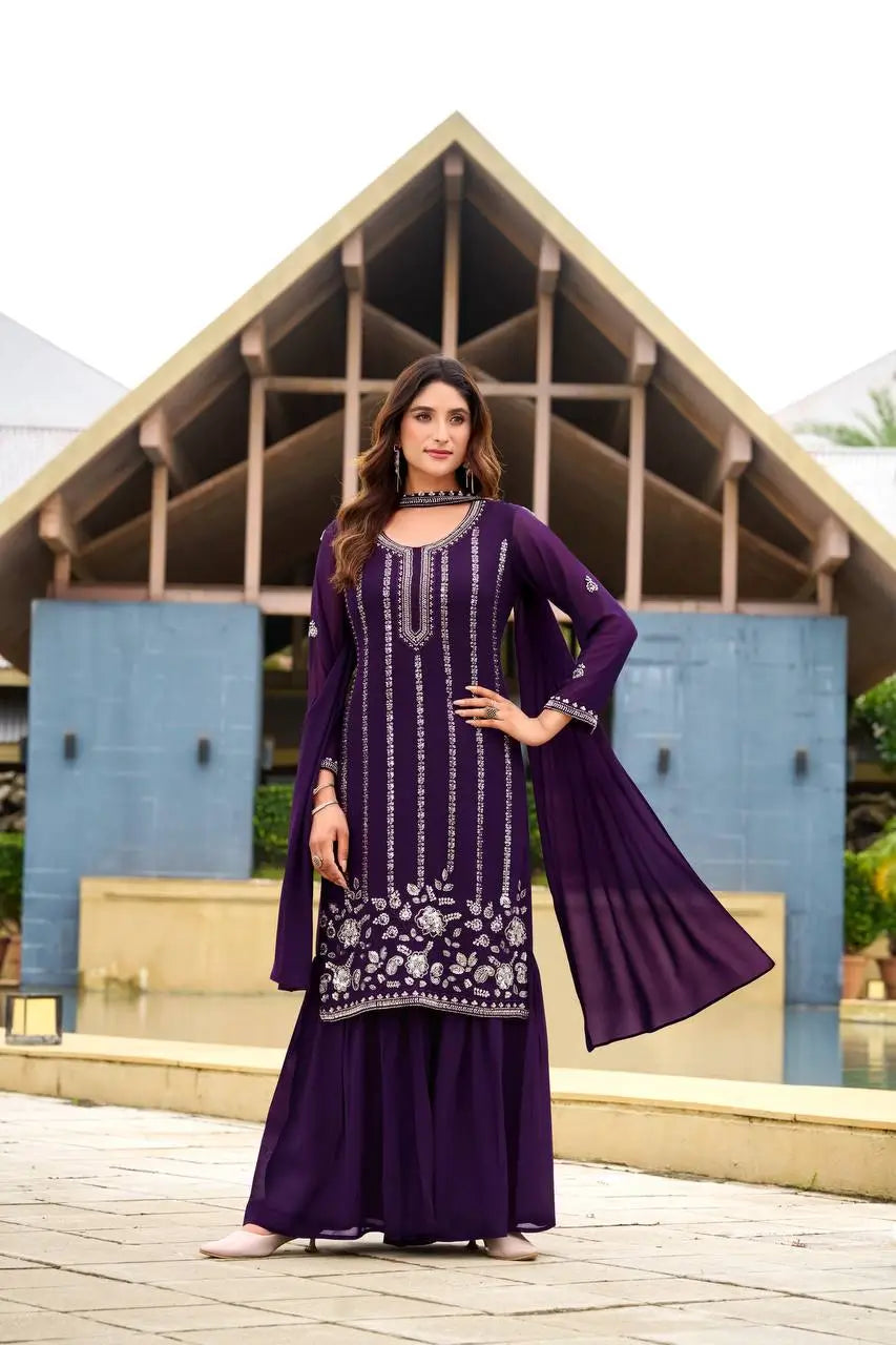Georgette Embroidered Sharara Set with Belt Style Dupatta for Festive and Wedding Wear