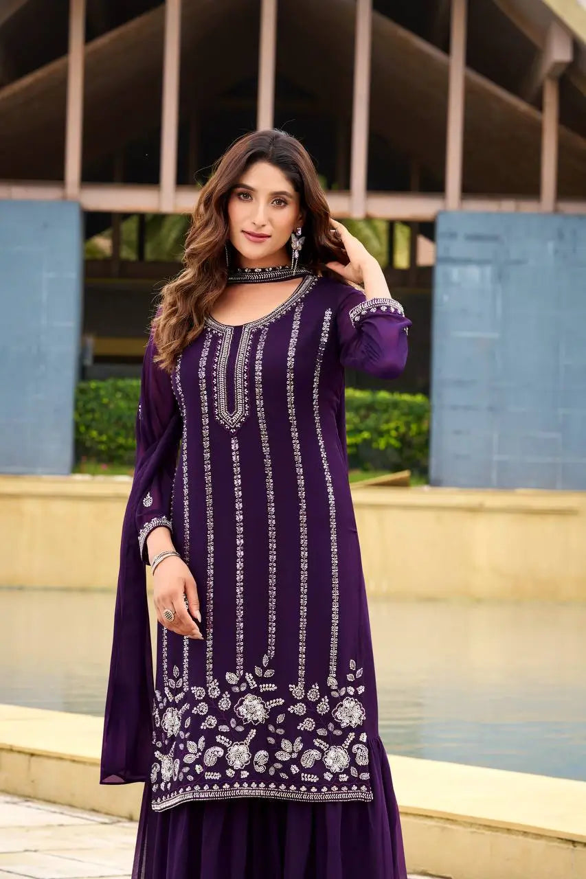 Georgette Embroidered Sharara Set with Belt Style Dupatta for Festive and Wedding Wear