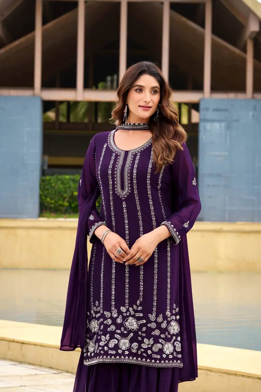 Georgette Embroidered Sharara Set with Belt Style Dupatta for Festive and Wedding Wear