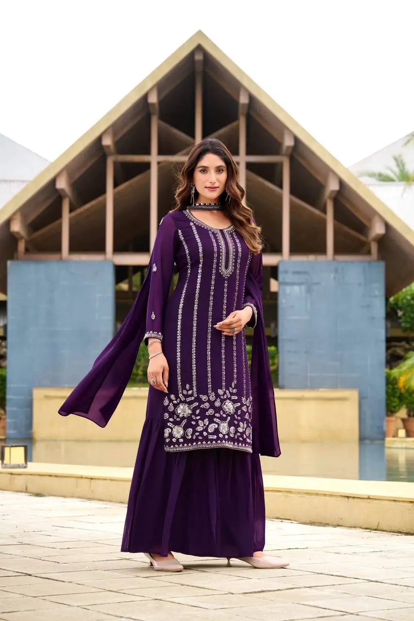 Georgette Embroidered Sharara Set with Belt Style Dupatta for Festive and Wedding Wear